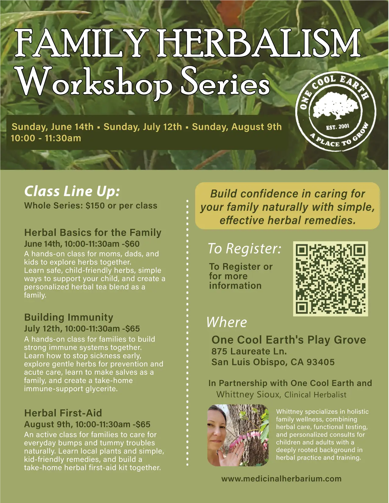 Family Herbalism Workshop Series class lineup and registration poster