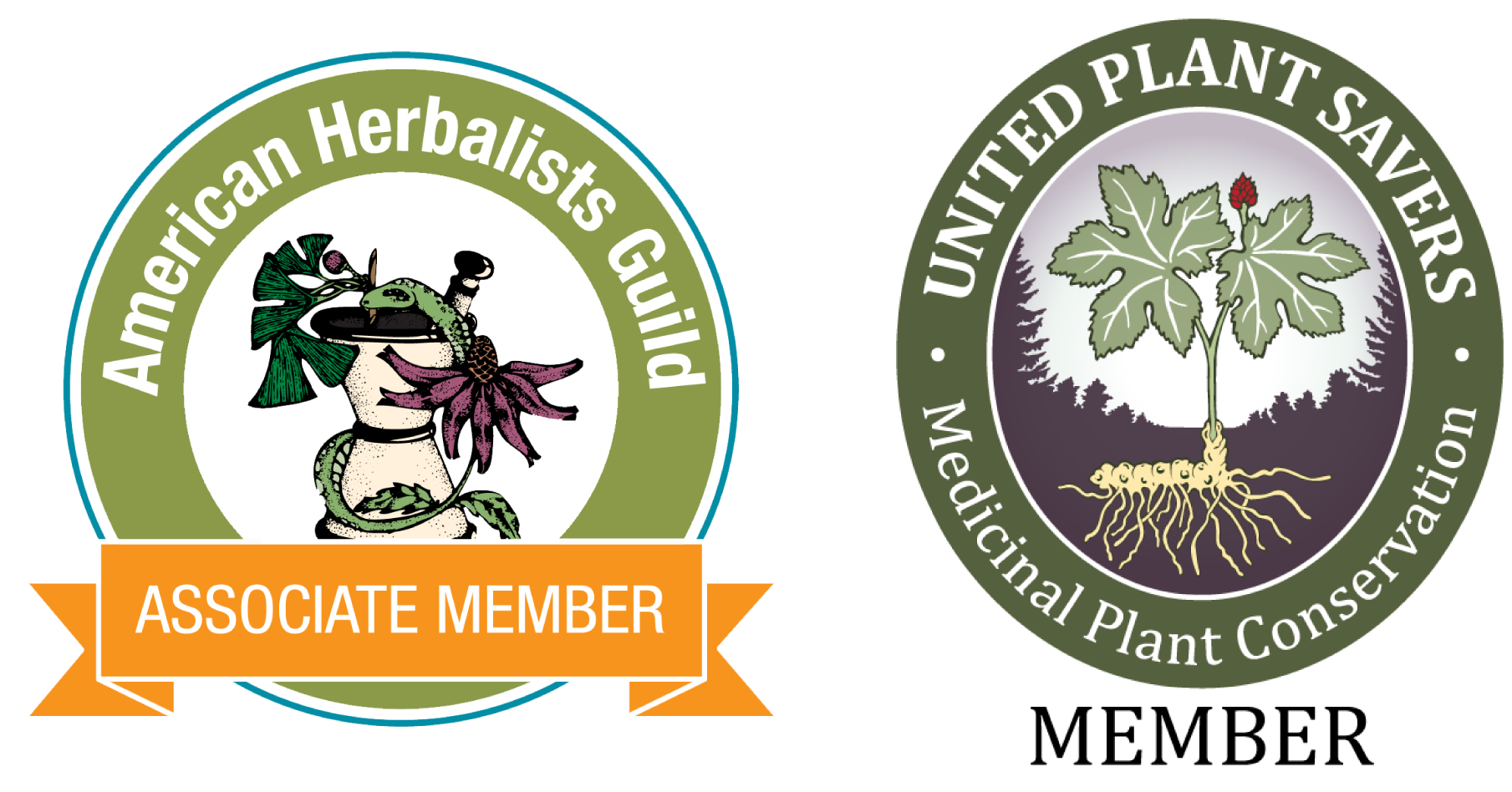 American Herbalists Guild Associate Member and United Plant Savers membership badges